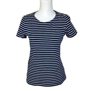 Nautica Tee Shirt Women Medium Blue White Striped Top Shoulder Toggle Bars